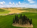 Beautiful landscape of Tuscany in Italy - Group of italian cypresses near San Quirico dÃÂ´Orcia - aerial view - Val dÃ¢â¬â¢Orcia, Royalty Free Stock Photo